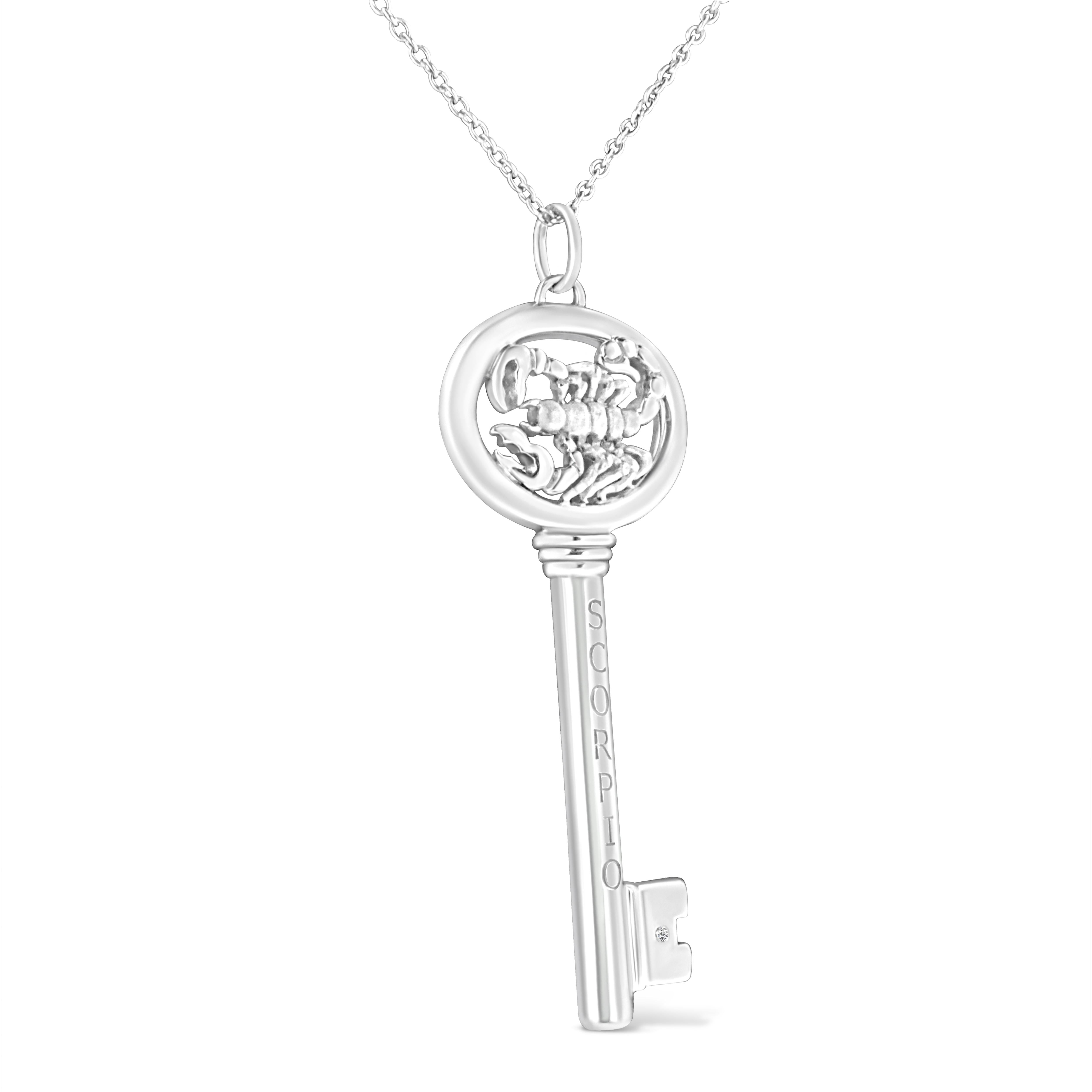 Contemporary .925 Sterling Silver Diamond Accent Scorpio Zodiac Key Pendant Necklace For Sale