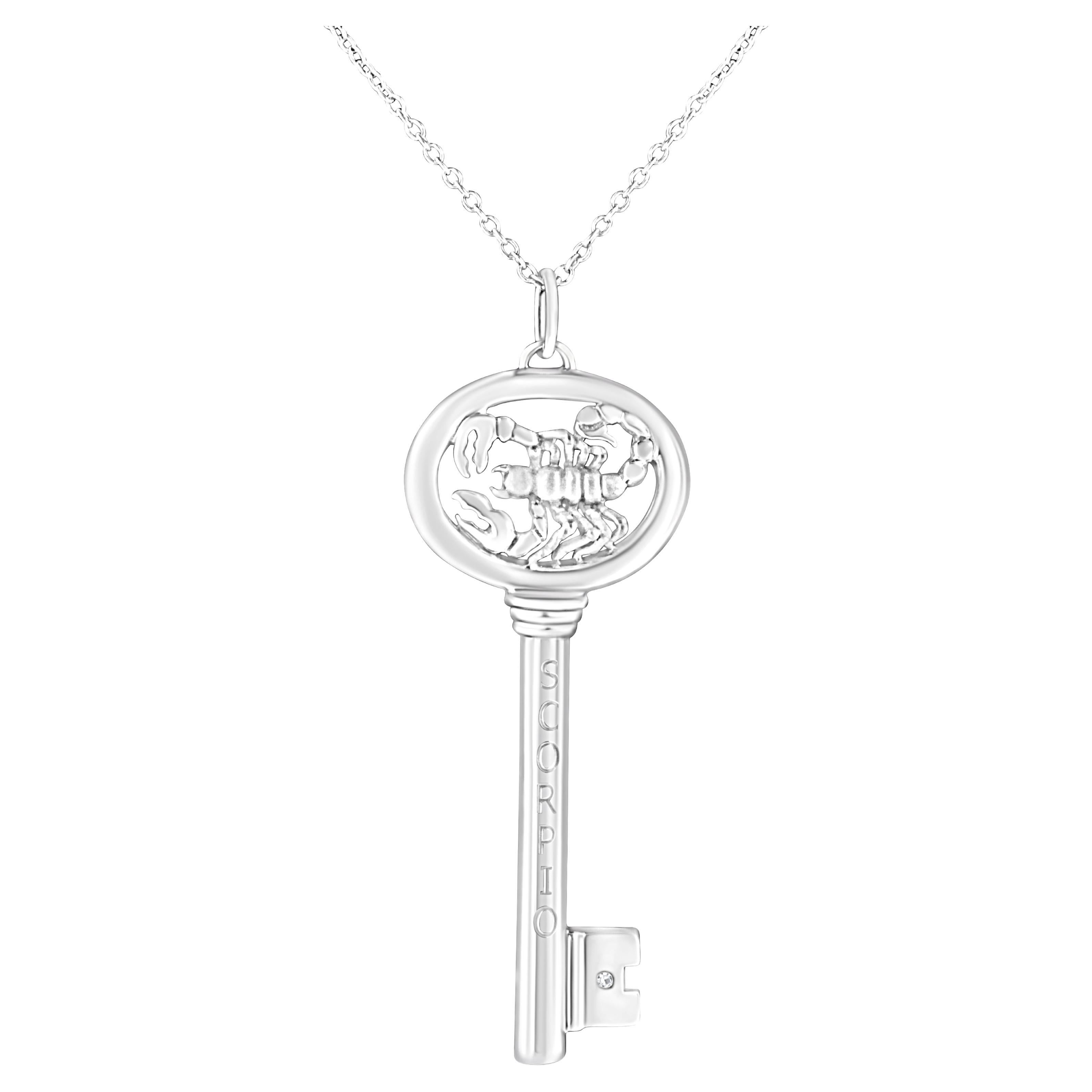 .925 Sterling Silver Diamond Accent Scorpio Zodiac Key Pendant Necklace For Sale