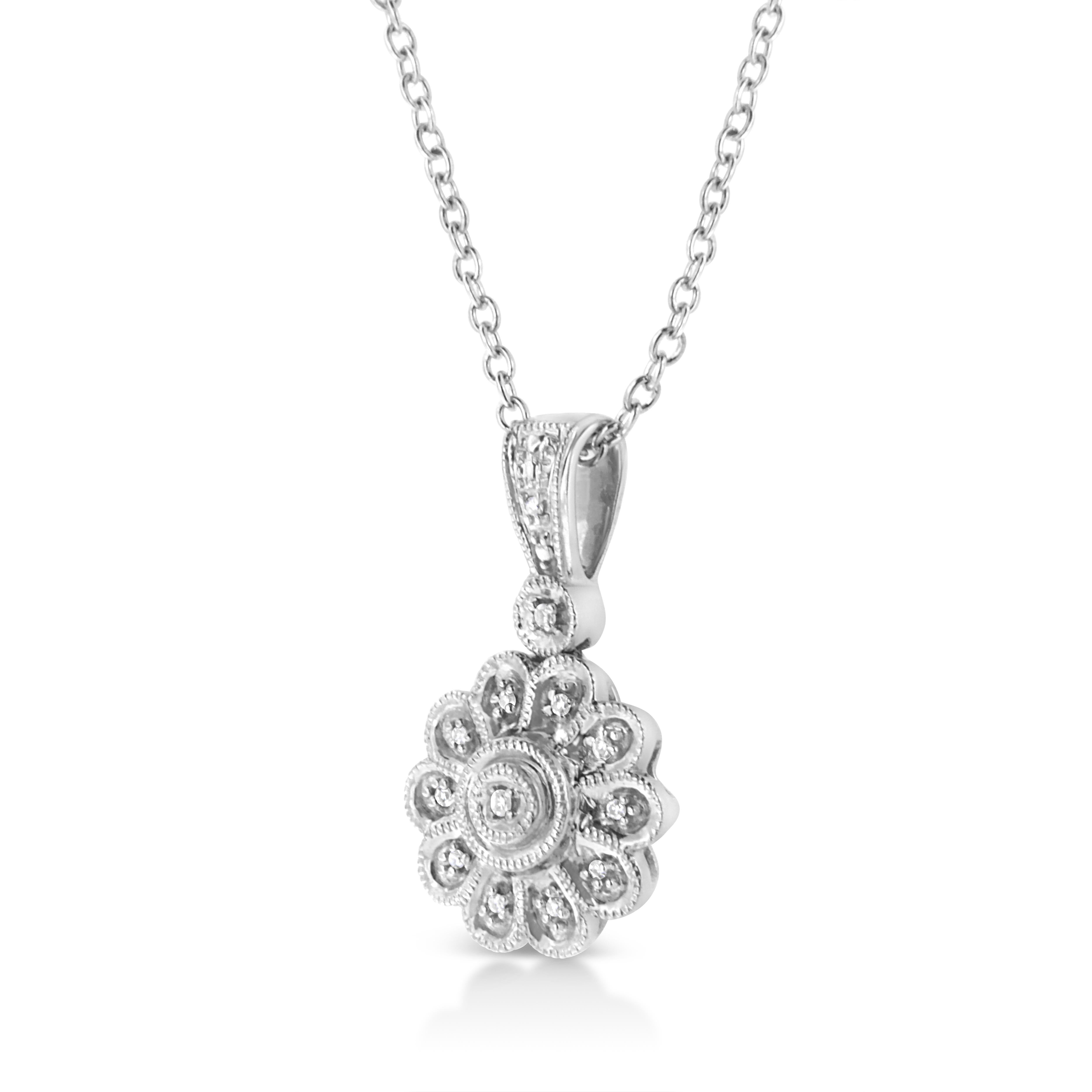Contemporary .925 Sterling Silver Diamond Accent Sunburst Milgrain Pendant Necklace For Sale