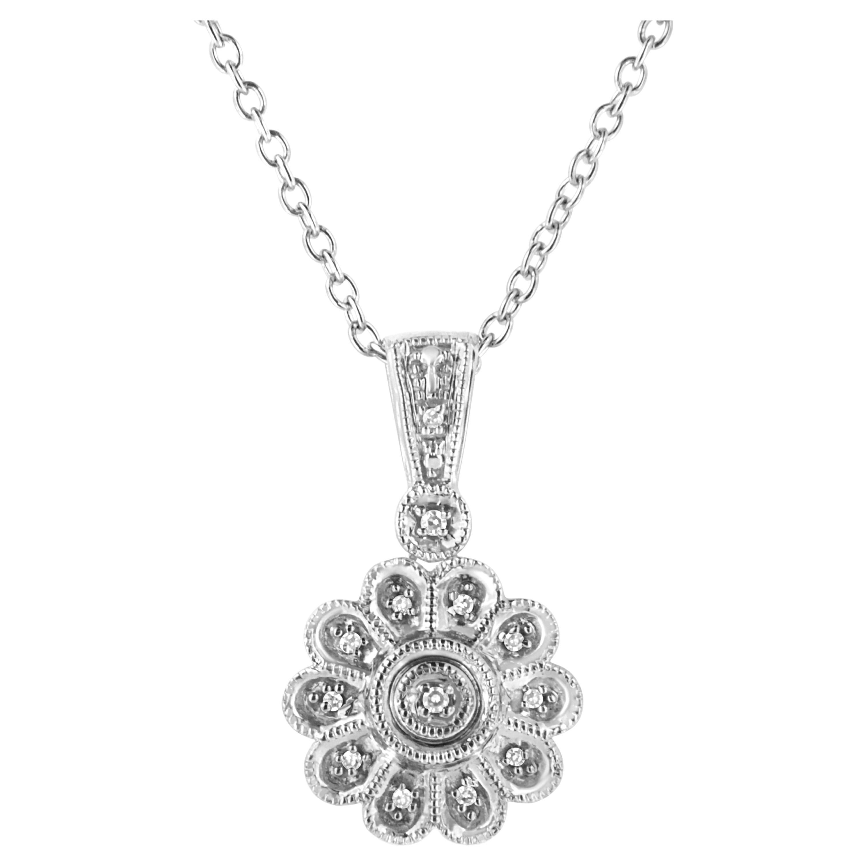 .925 Sterling Silver Diamond Accent Sunburst Milgrain Pendant Necklace For Sale