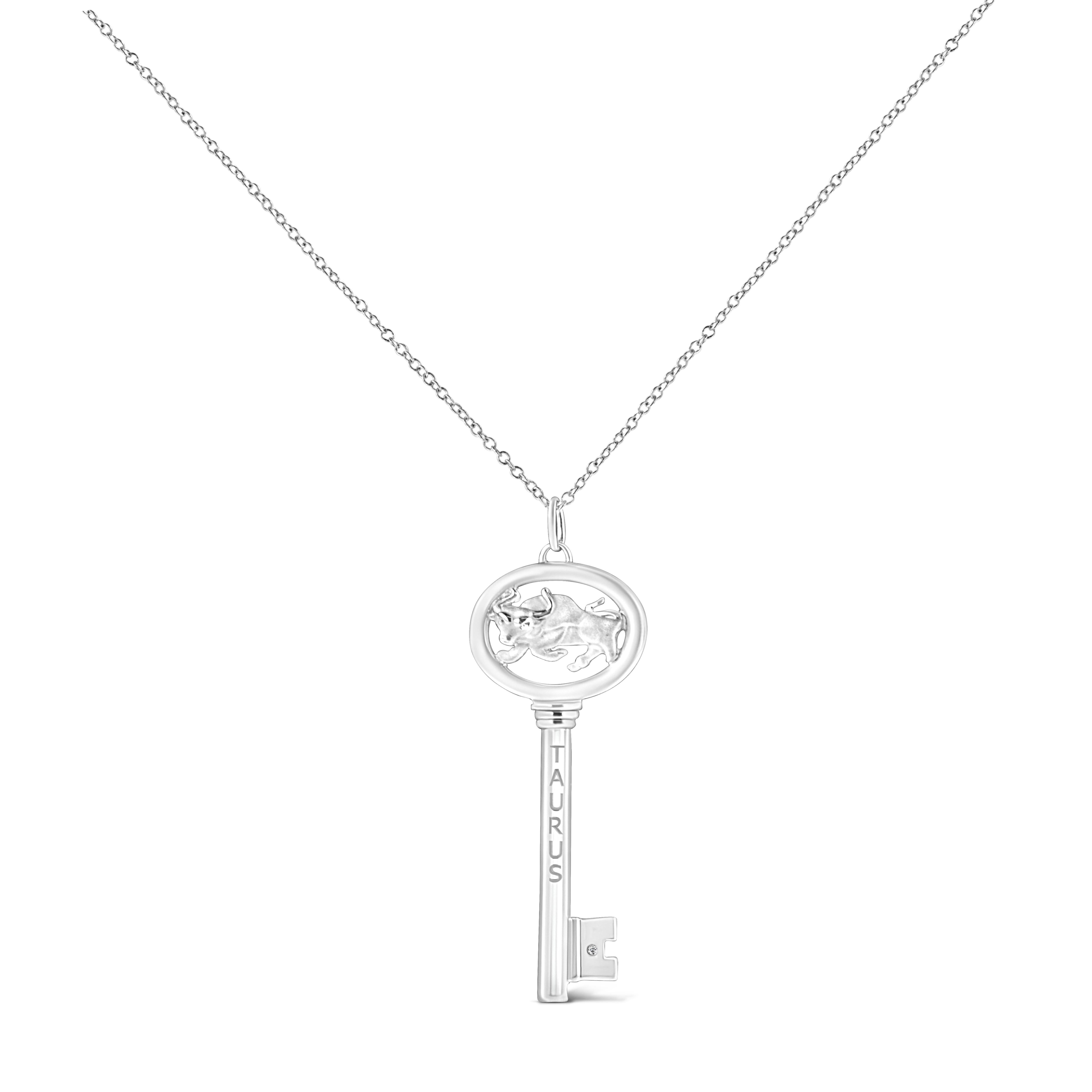 It's as if the stars aligned to create this stunning .925 Sterling Silver necklace flaunting a Taurus zodiac pendant accented by a glimmering bezel set natural diamond. Brilliant beacons of optimism and hope, our Zodiac Keys are radiant symbols of a