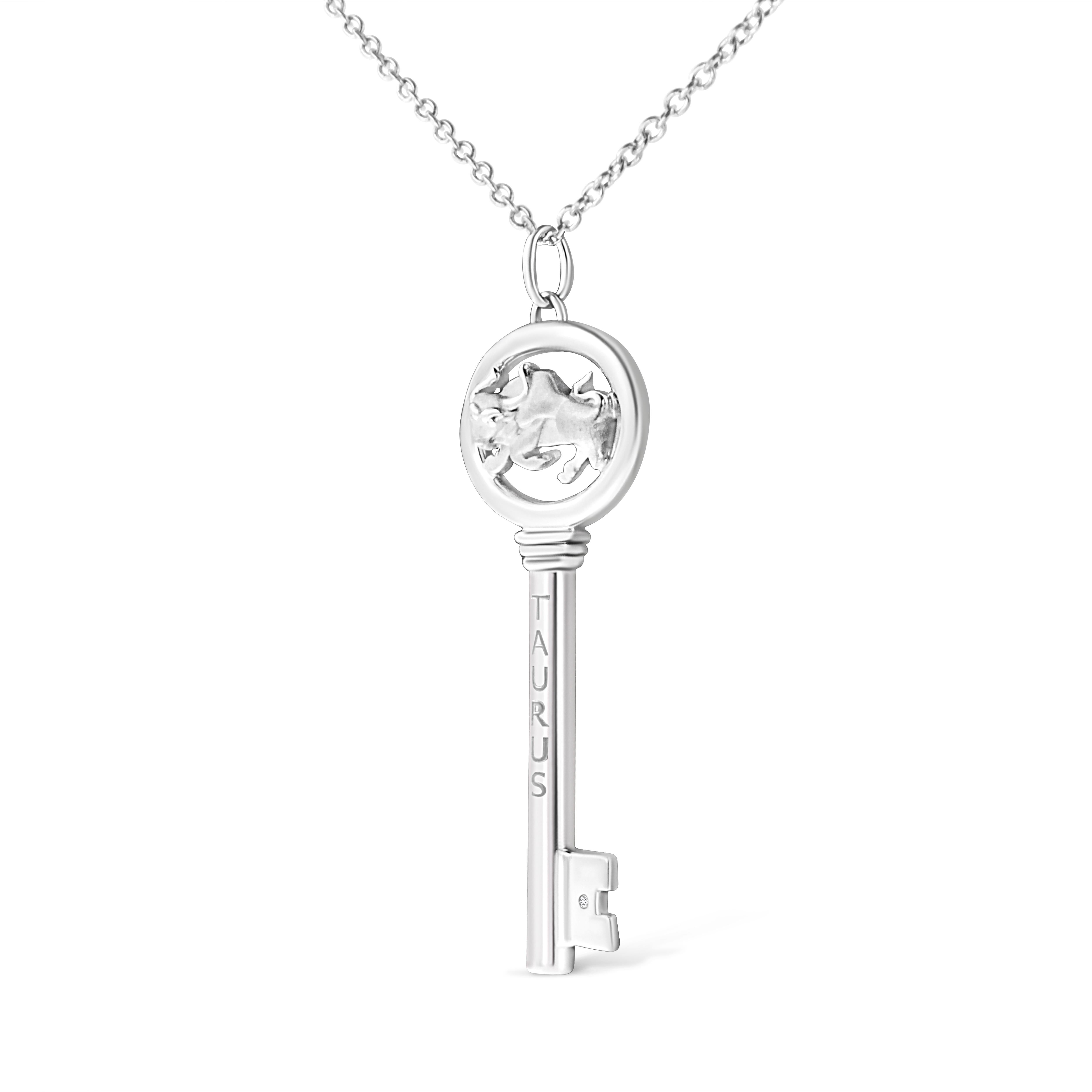 Contemporary .925 Sterling Silver Diamond Accent Taurus Zodiac Key Pendant Necklace