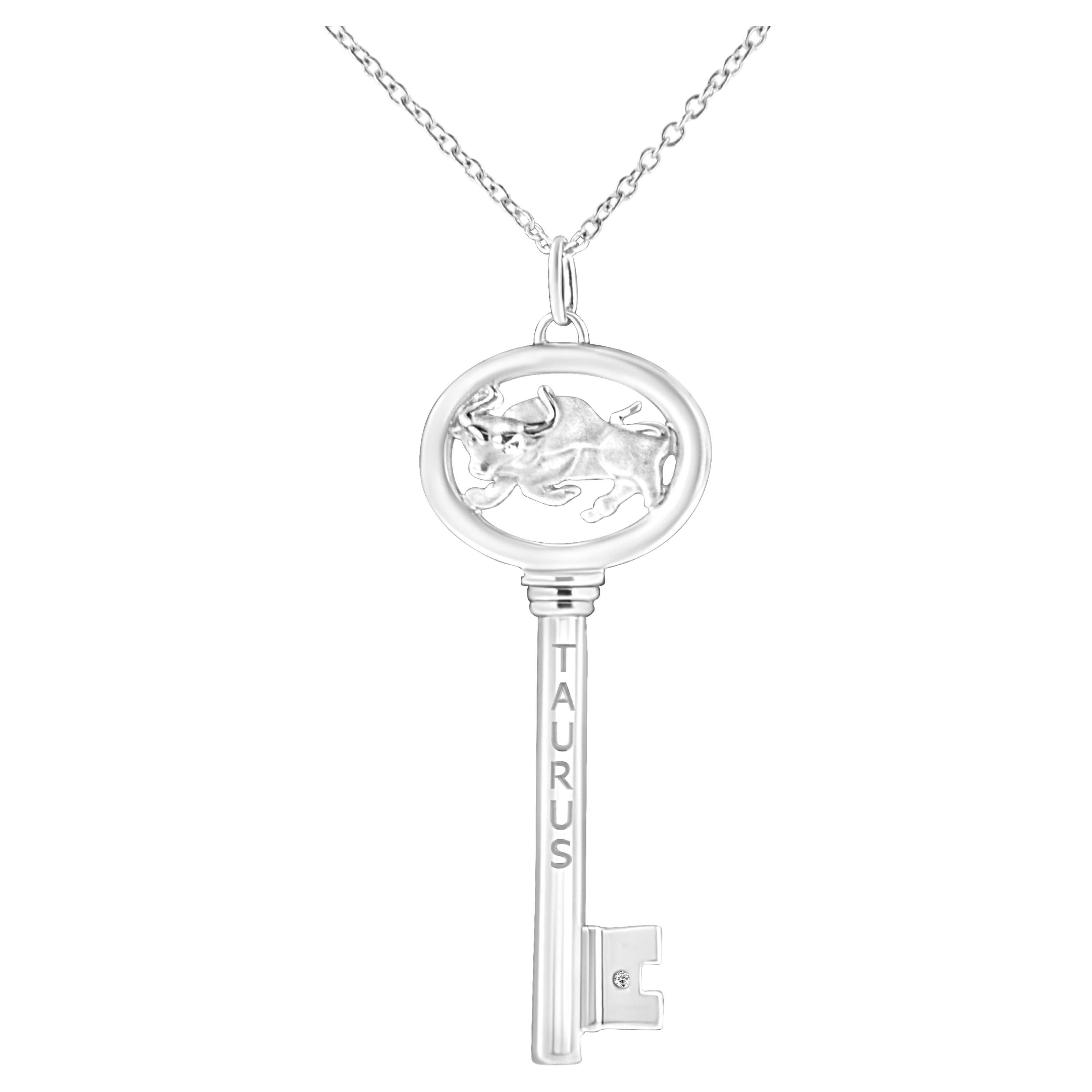 .925 Sterling Silver Diamond Accent Taurus Zodiac Key Pendant Necklace