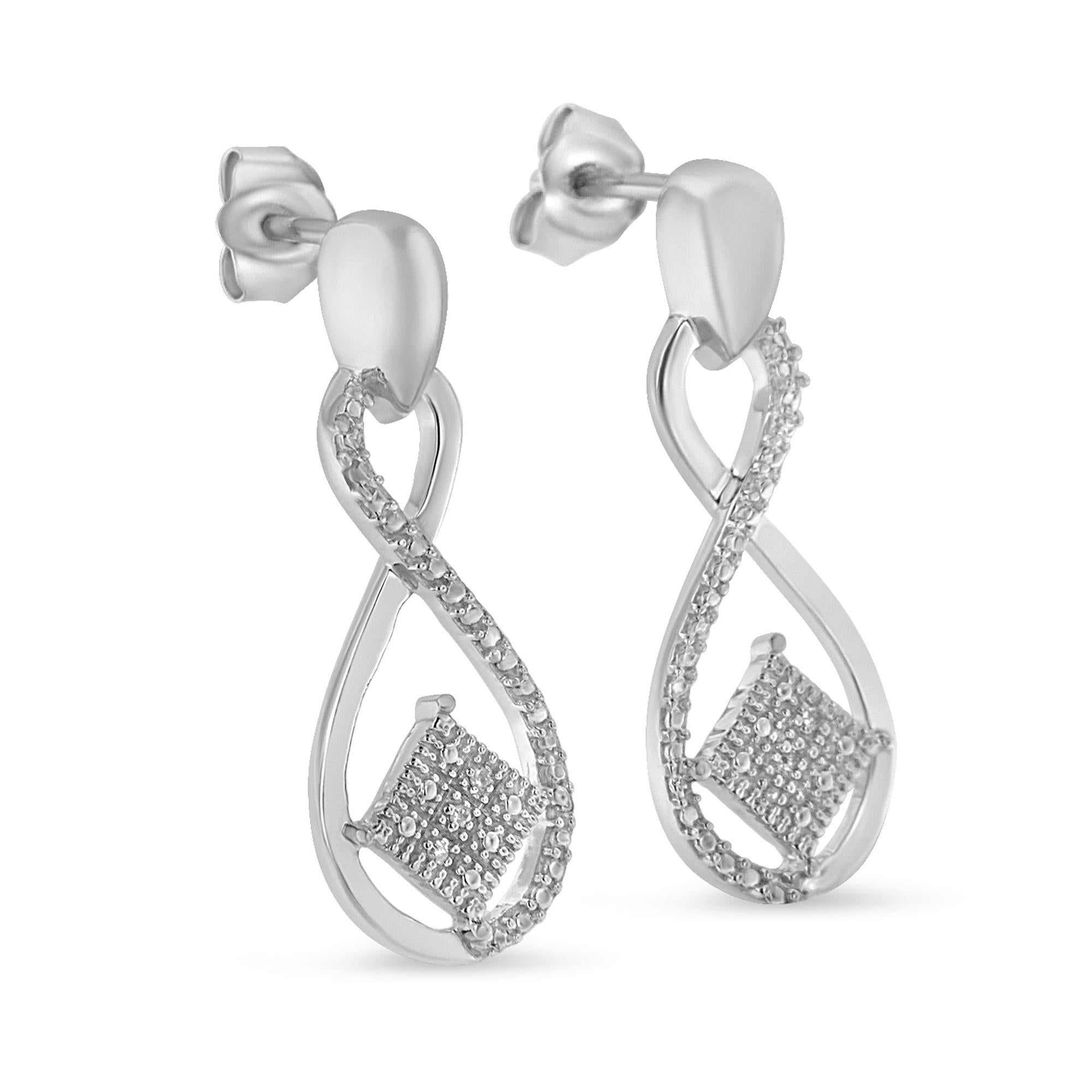 Contemporary .925 Sterling Silver Diamond Accent Tilted Square and Infinity Drop Earrings For Sale