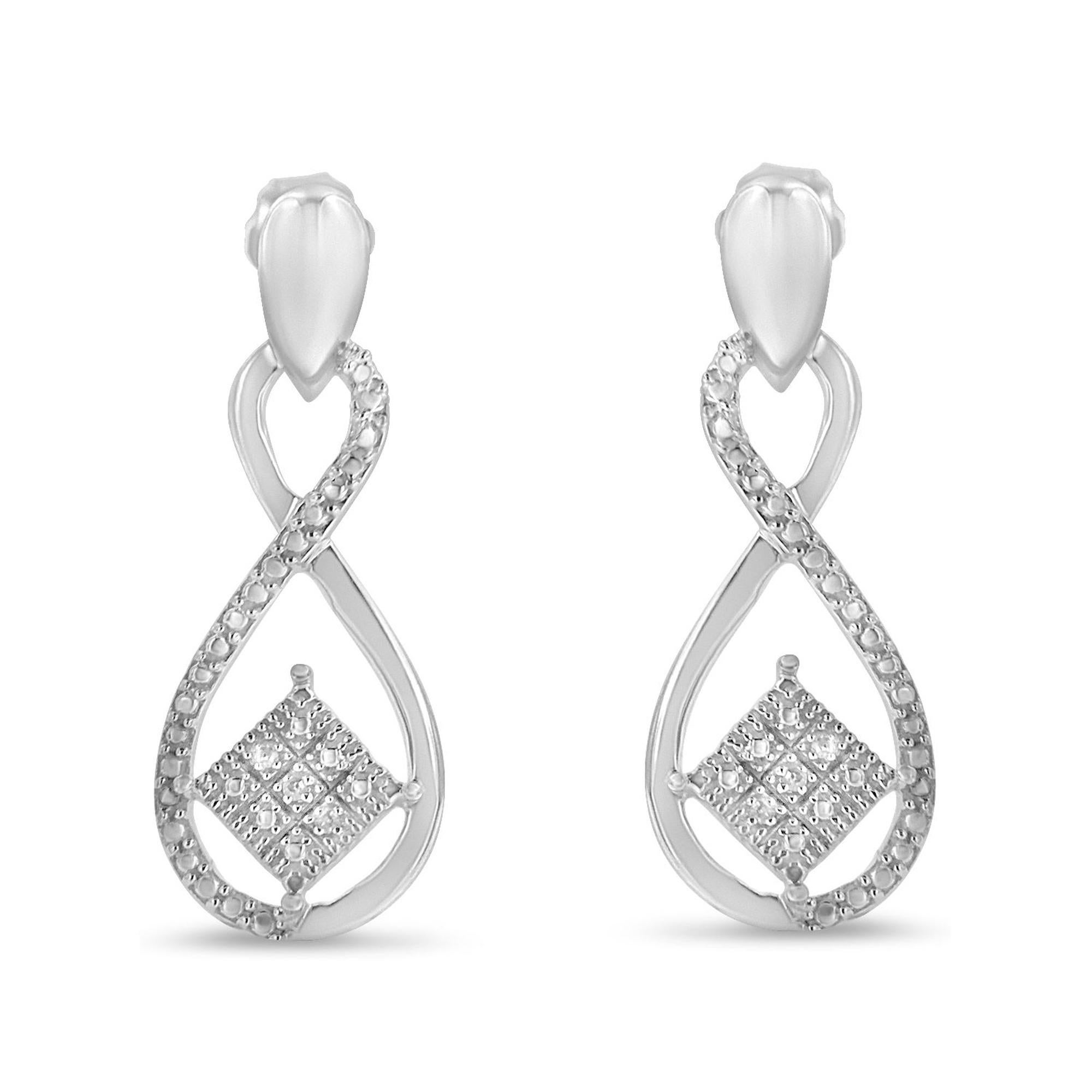 .925 Sterling Silver Diamond Accent Tilted Square and Infinity Drop Earrings For Sale