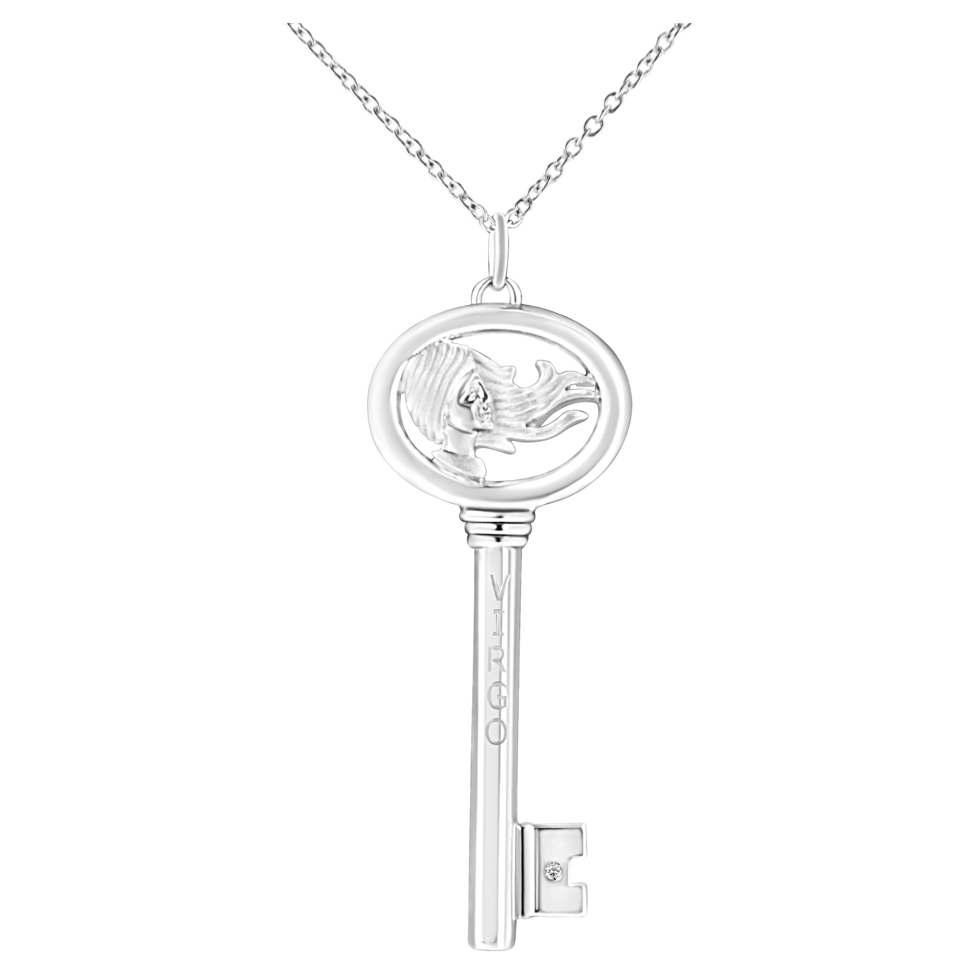 .925 Sterling Silver Diamond Accent Virgo Zodiac Key 18" Pendant Necklace For Sale