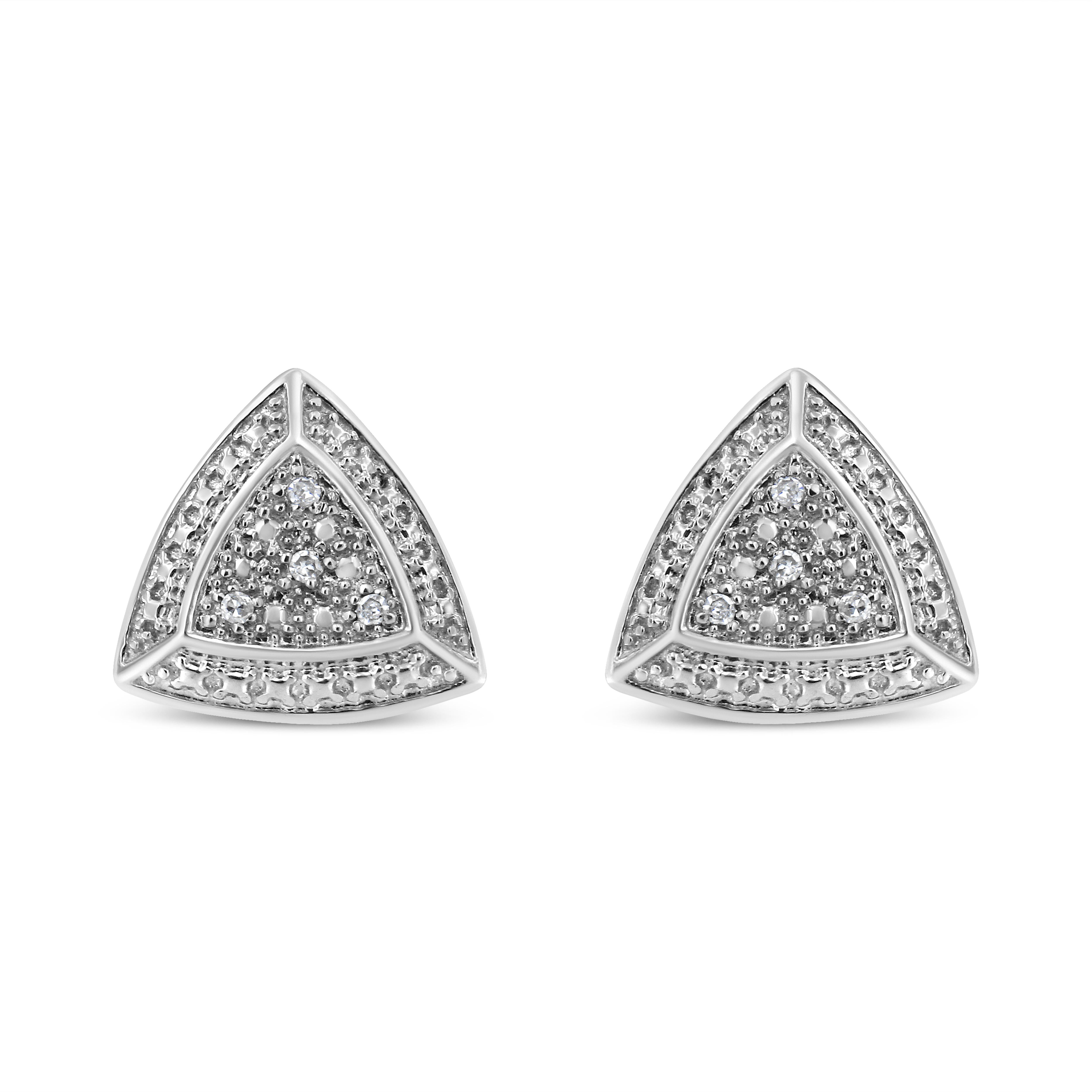 Elegant and timeless, these .925 sterling silver trillion shaped stud earrings feature four round, brilliant cut diamonds among ridged studs that mimic the appearance of diamonds. The earrings are slightly domed and have a 3D border around more