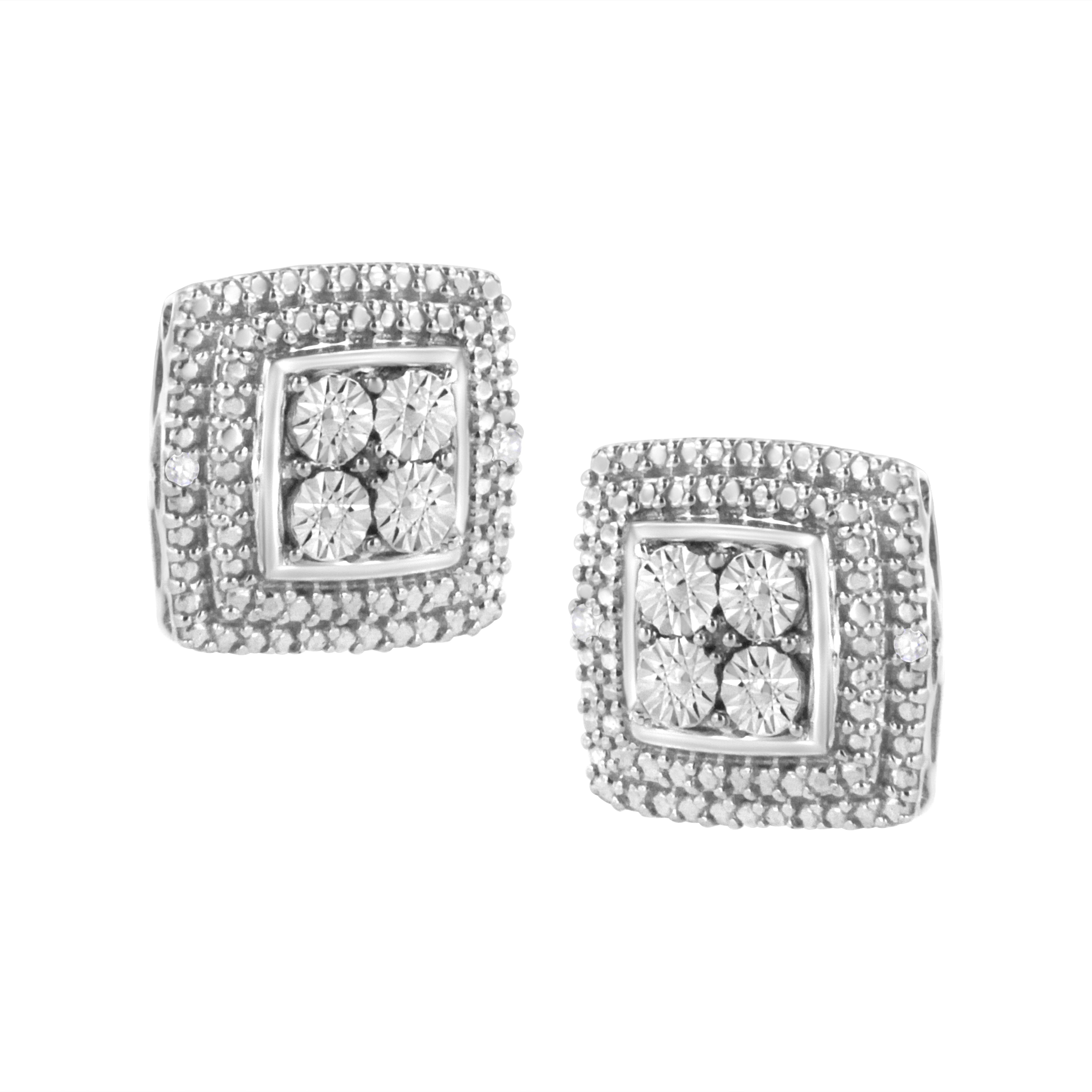 Contemporary .925 Sterling Silver Diamond Accented Square Shaped Milgrain Stud Earrings  For Sale