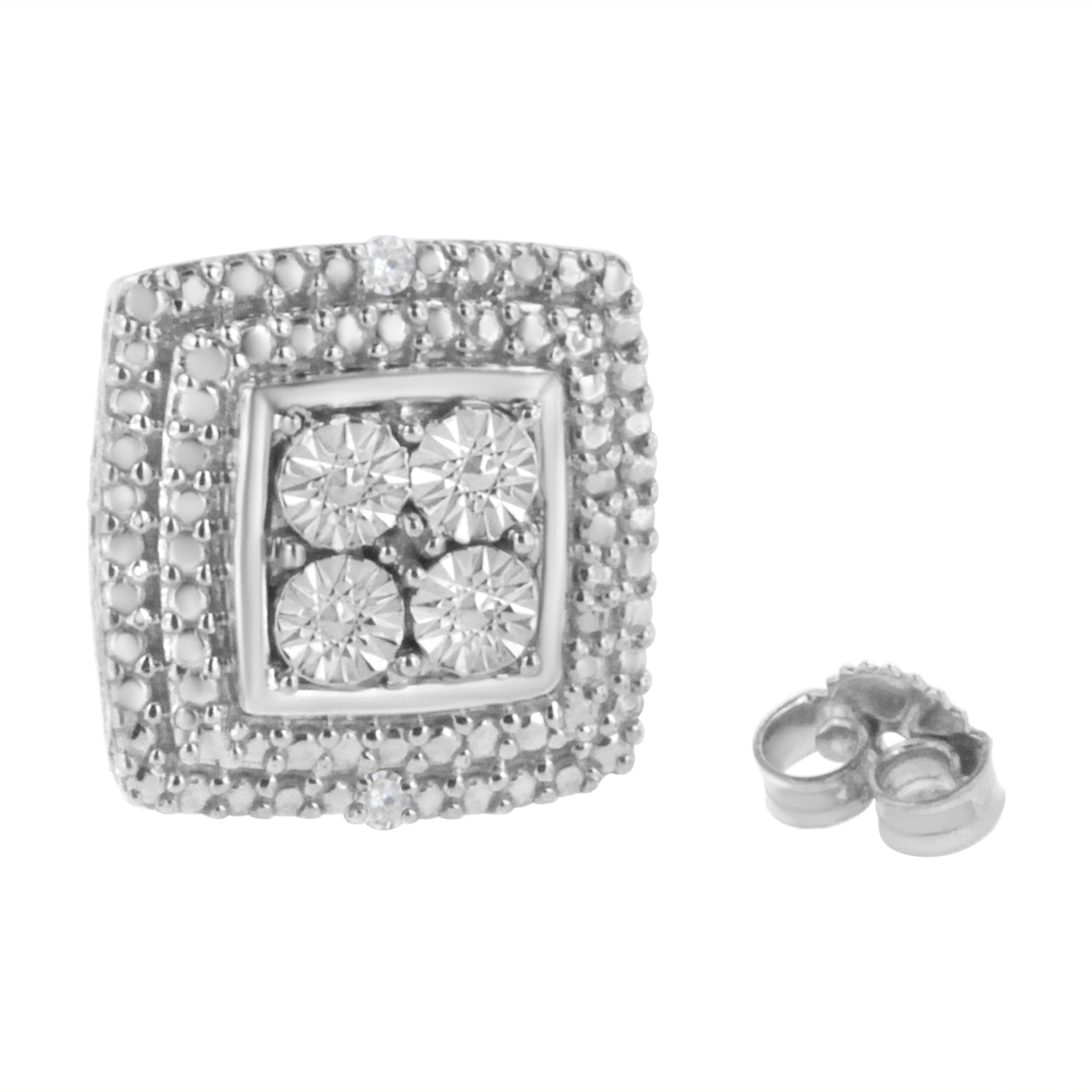 Round Cut .925 Sterling Silver Diamond Accented Square Shaped Milgrain Stud Earrings  For Sale