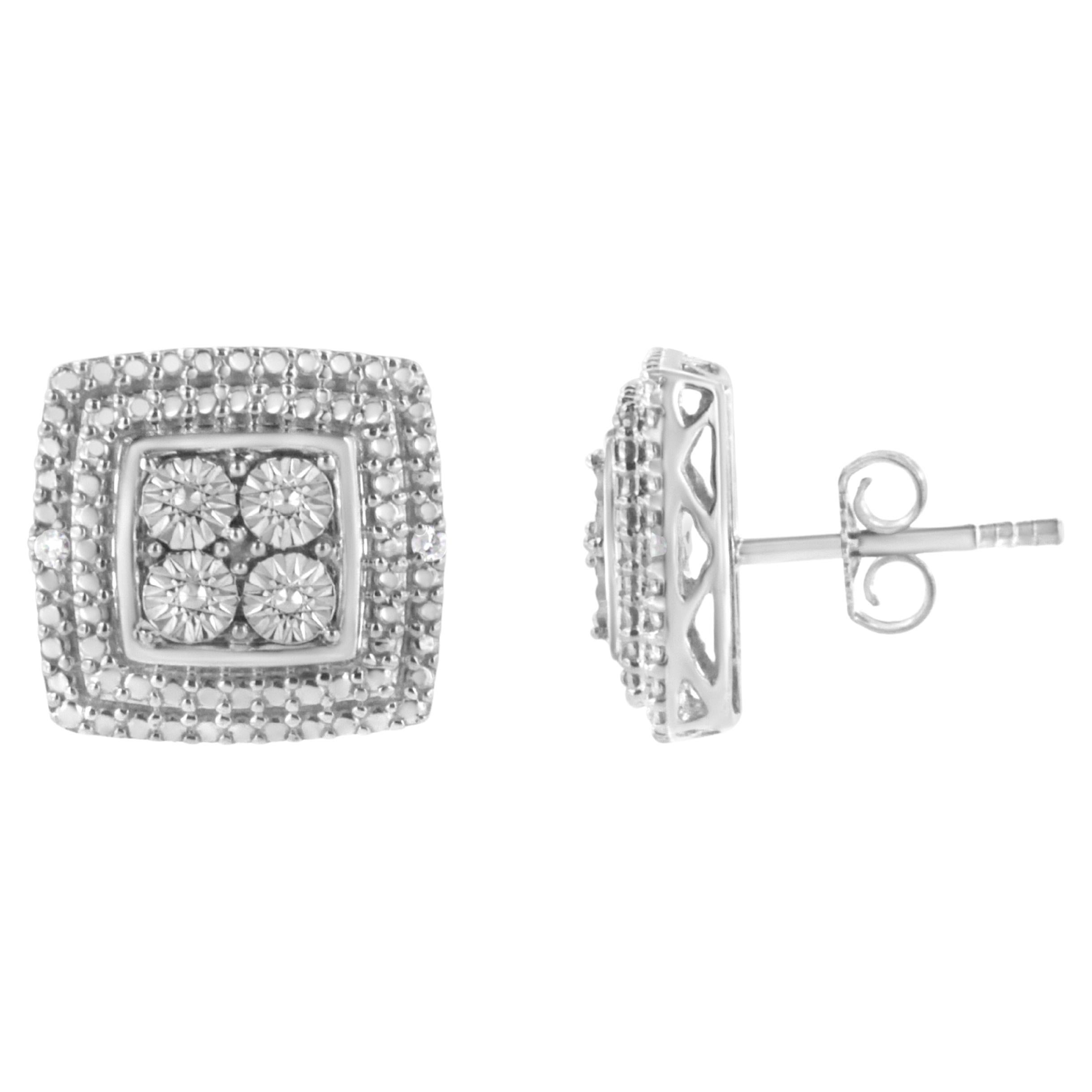 .925 Sterling Silver Diamond Accented Square Shaped Milgrain Stud Earrings  For Sale
