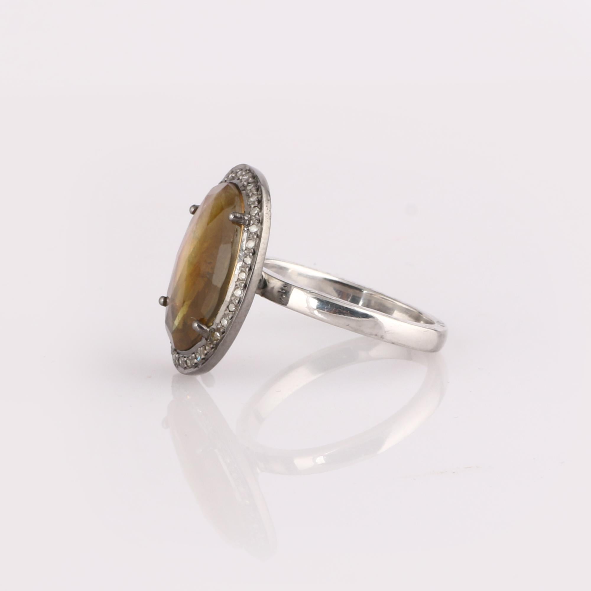 Taille ronde Solitaire de style victorien en argent sterling 925 avec diamants et pierre d'ambre - 7,5 en vente