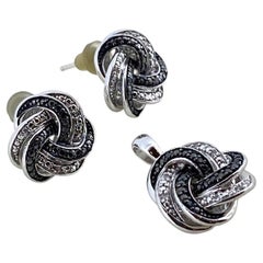 925 Sterling Silver & Diamond (black & white) Knot Motif Set: Pendant & Earrings