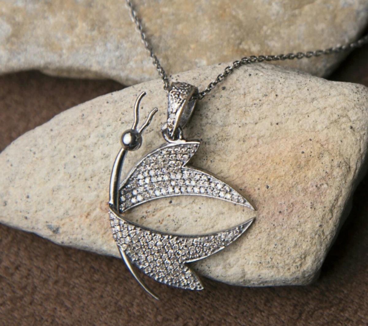 Art Deco 925 Sterling Silver Diamond Butterfly Necklace Natural Diamond Insect Necklace. For Sale