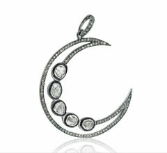 925 Sterling Silver Diamond Crescent Moon Pendant Polki Diamond Moon Necklace.