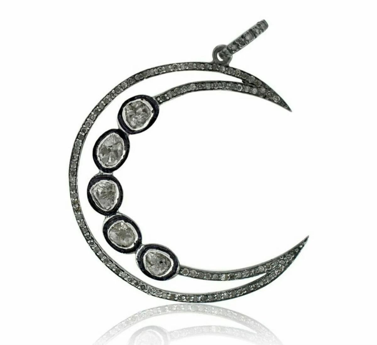 Taille ronde Pendentif croissant de lune en argent 925 avec diamants Collier de lune en diamants Polki. en vente