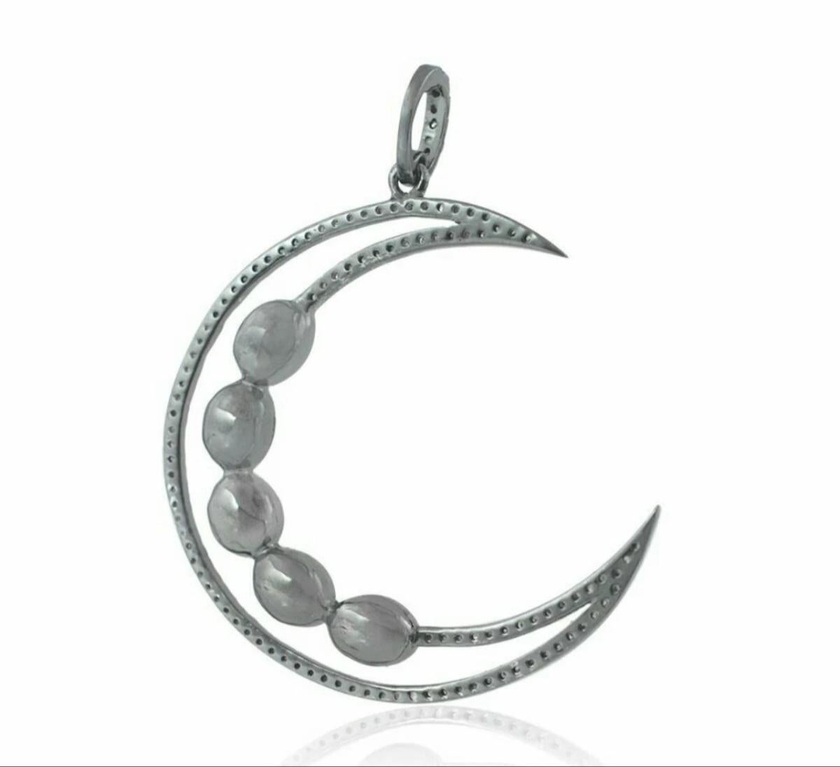 Pendentif croissant de lune en argent 925 avec diamants Collier de lune en diamants Polki. Neuf - En vente à Chicago, IL
