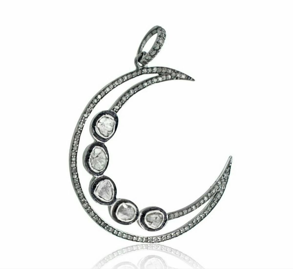 Pendentif croissant de lune en argent 925 avec diamants Collier de lune en diamants Polki. Unisexe en vente