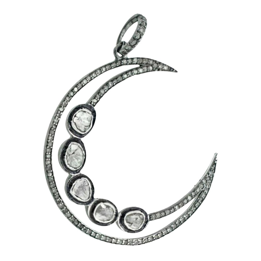 Pendentif croissant de lune en argent 925 avec diamants Collier de lune en diamants Polki. en vente