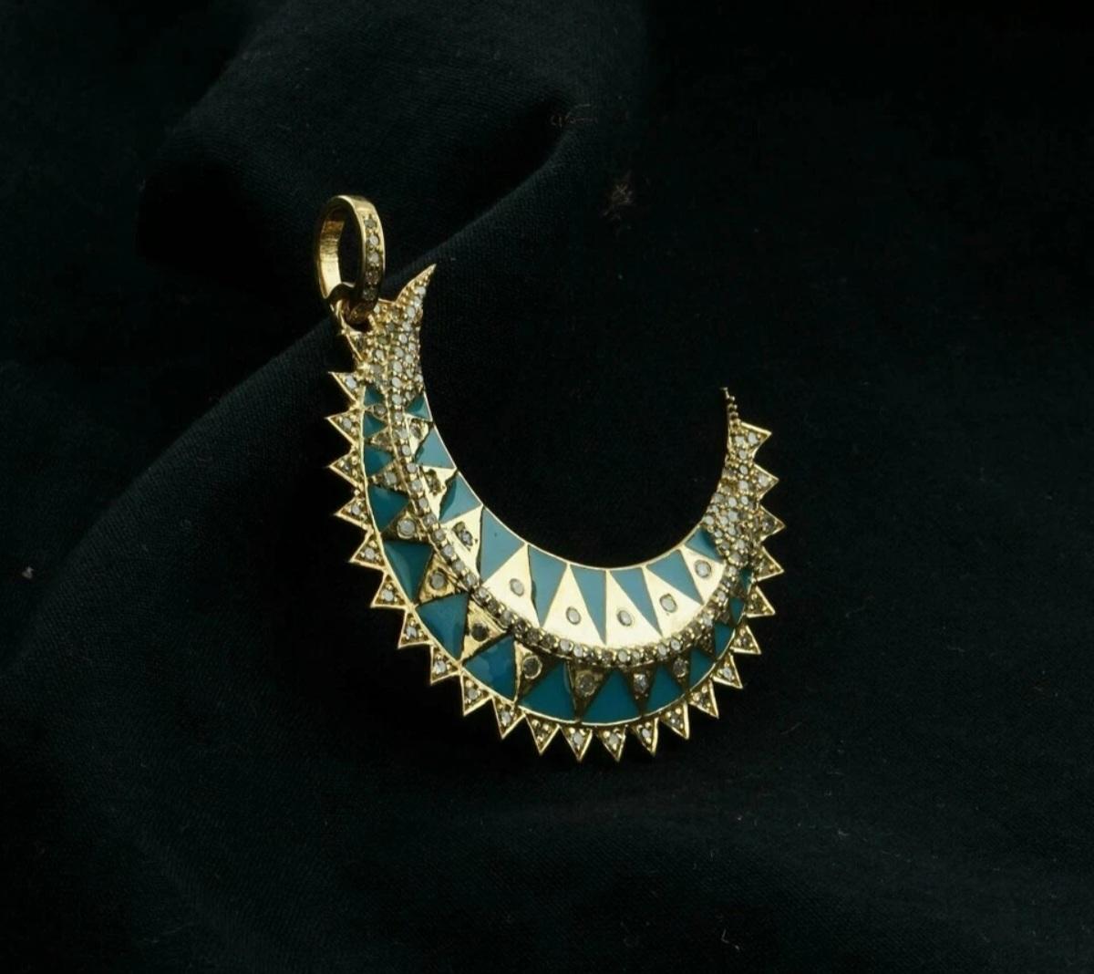 Pendentif croissant de lune en argent 925 avec diamants Pendentif en émail turquoise Cadeau. en vente 5