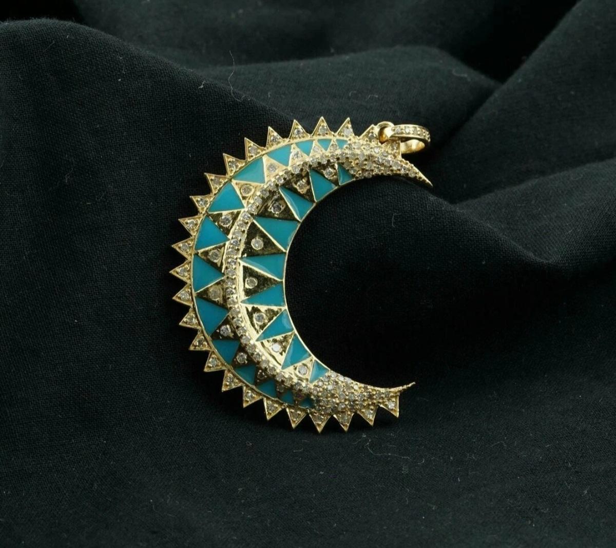 Pendentif croissant de lune en argent 925 avec diamants Pendentif en émail turquoise Cadeau. en vente 1