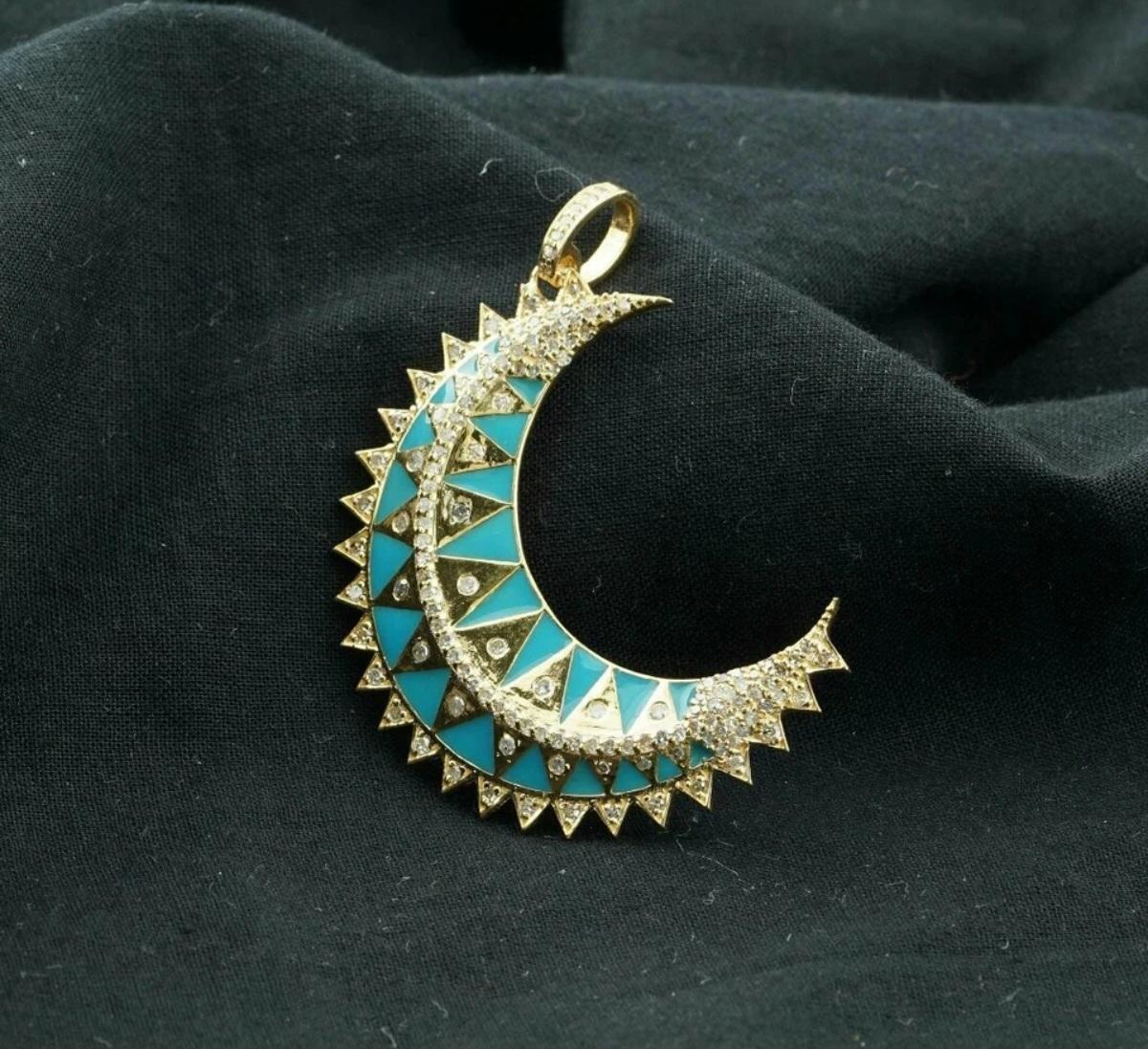 Pendentif croissant de lune en argent 925 avec diamants Pendentif en émail turquoise Cadeau. en vente 2