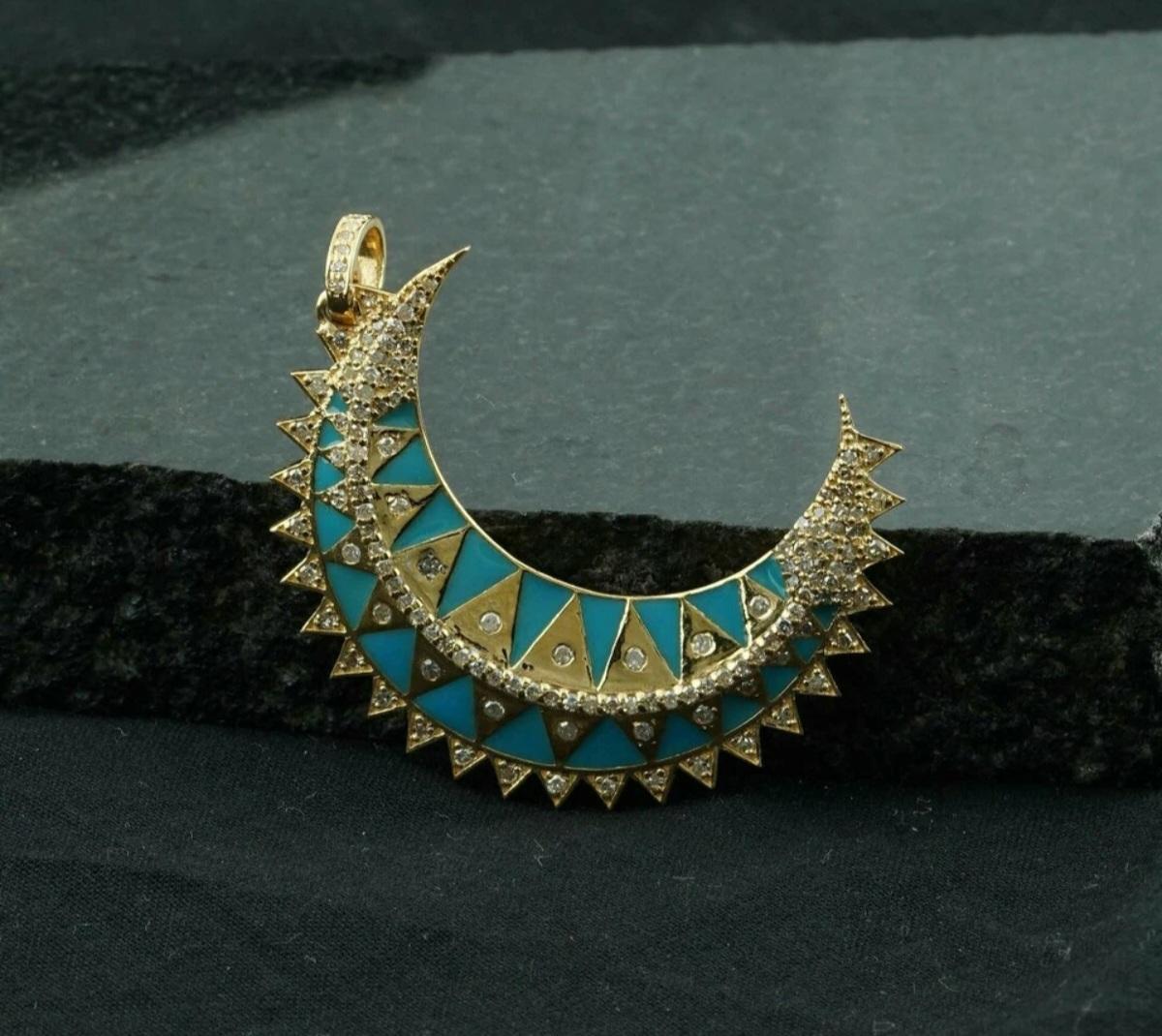 Pendentif croissant de lune en argent 925 avec diamants Pendentif en émail turquoise Cadeau. en vente 3