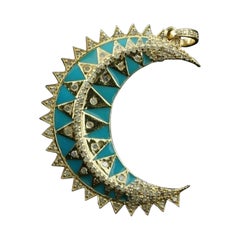 Pendentif croissant de lune en argent 925 avec diamants Pendentif en émail turquoise Cadeau.