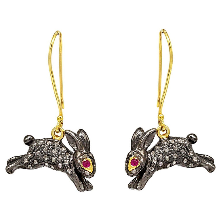 Bronze Rabbit Earring 925 Sterling Silver 0.50cts Diamond rabbit Earring For Sale at 1stDibs