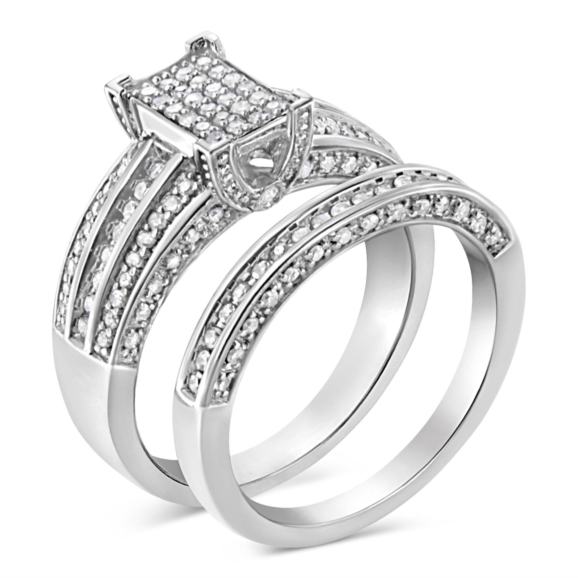 Classic and chic, this diamond bridal set reminds her she's the light of your life. Crafted in sterling silver, the engagement ring features a diamond encrusted head- artfully set to enhance size and sparkle. Trios of diamonds flank each side and
