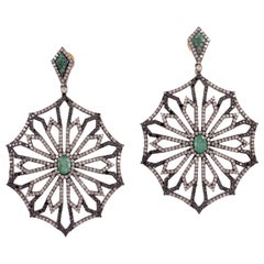 .925 Sterling Silver Diamond Pave 1.85 Carat Emerald Dangle Earrings 18k Gold