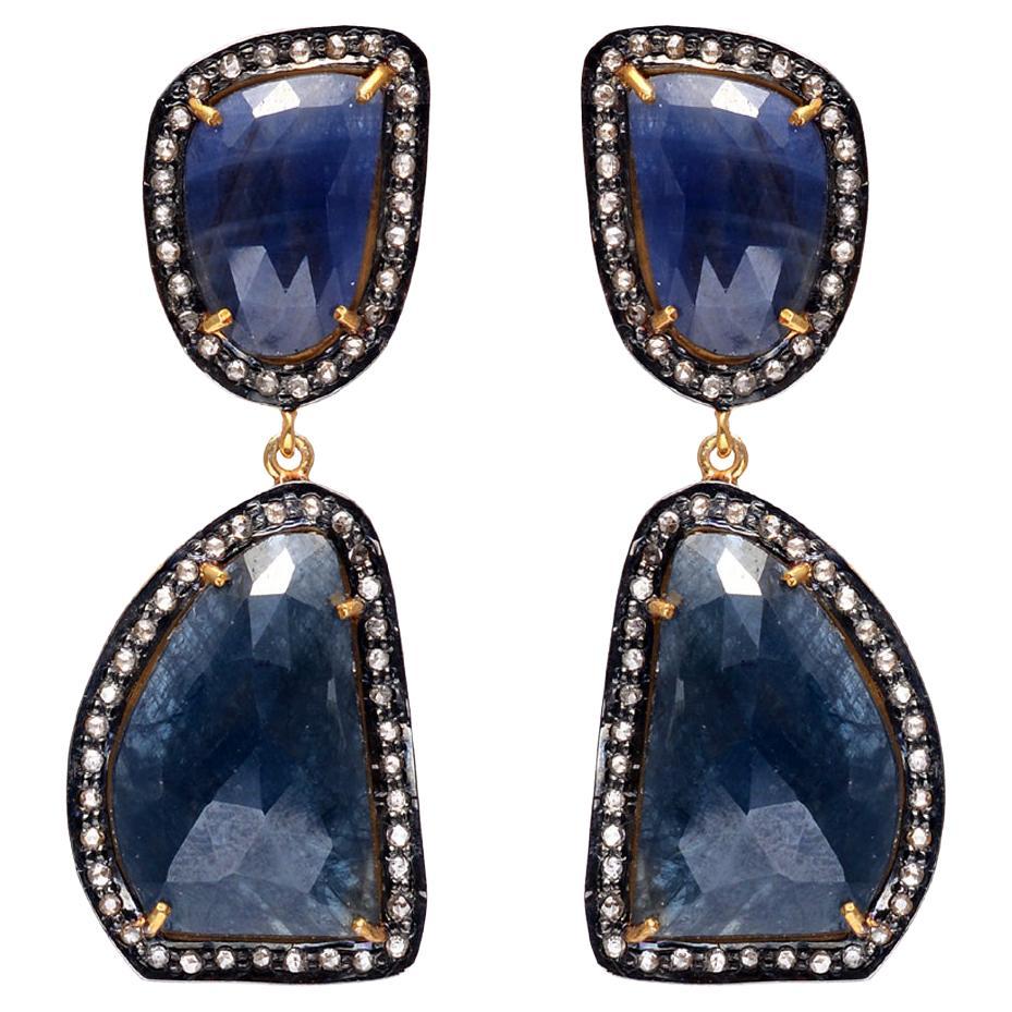 Silver Metal Earrings With Crystals And Sapphire Stones
