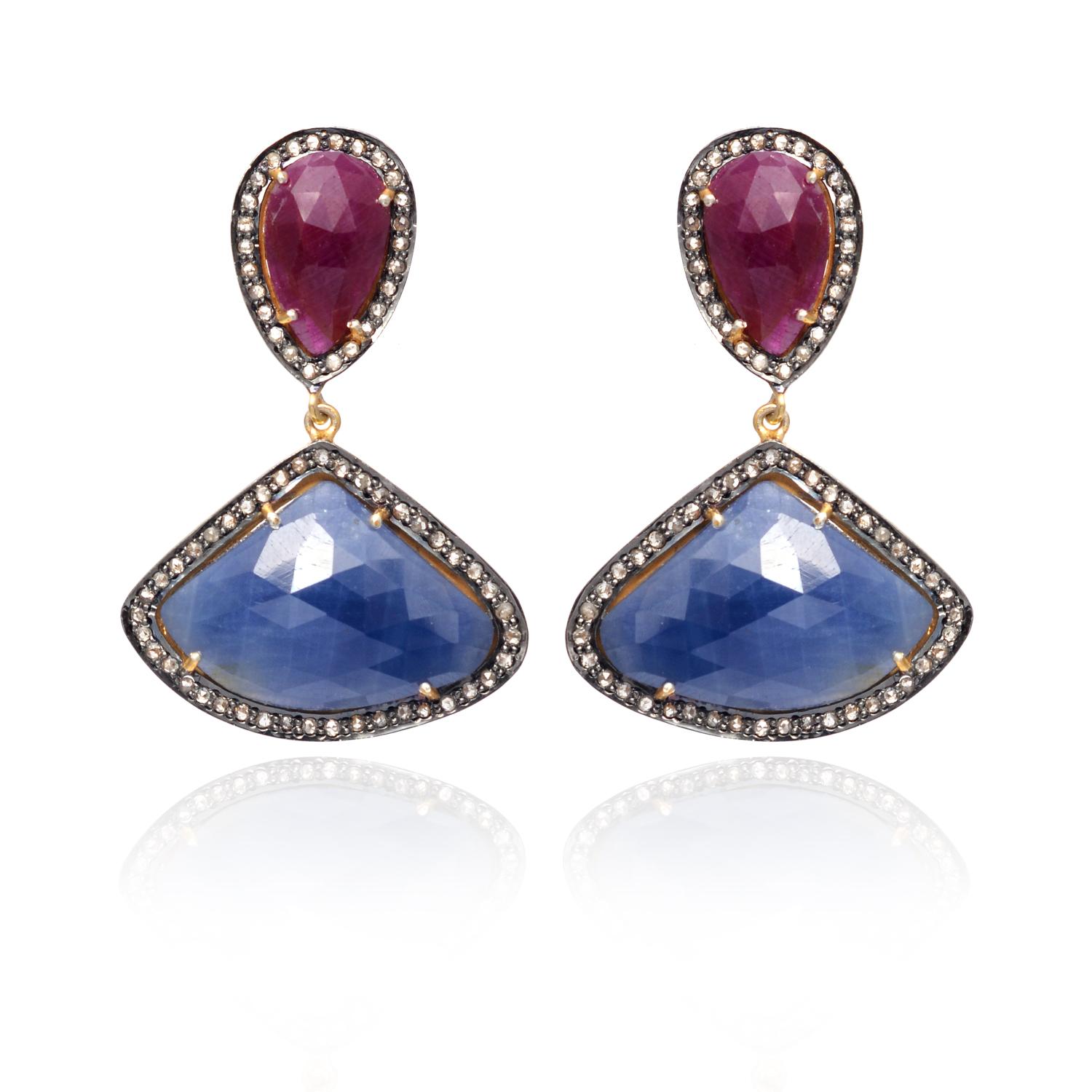 Asscher Cut 925 Sterling Silver 1.17cts Diamond & Sapphire/Ruby Earring