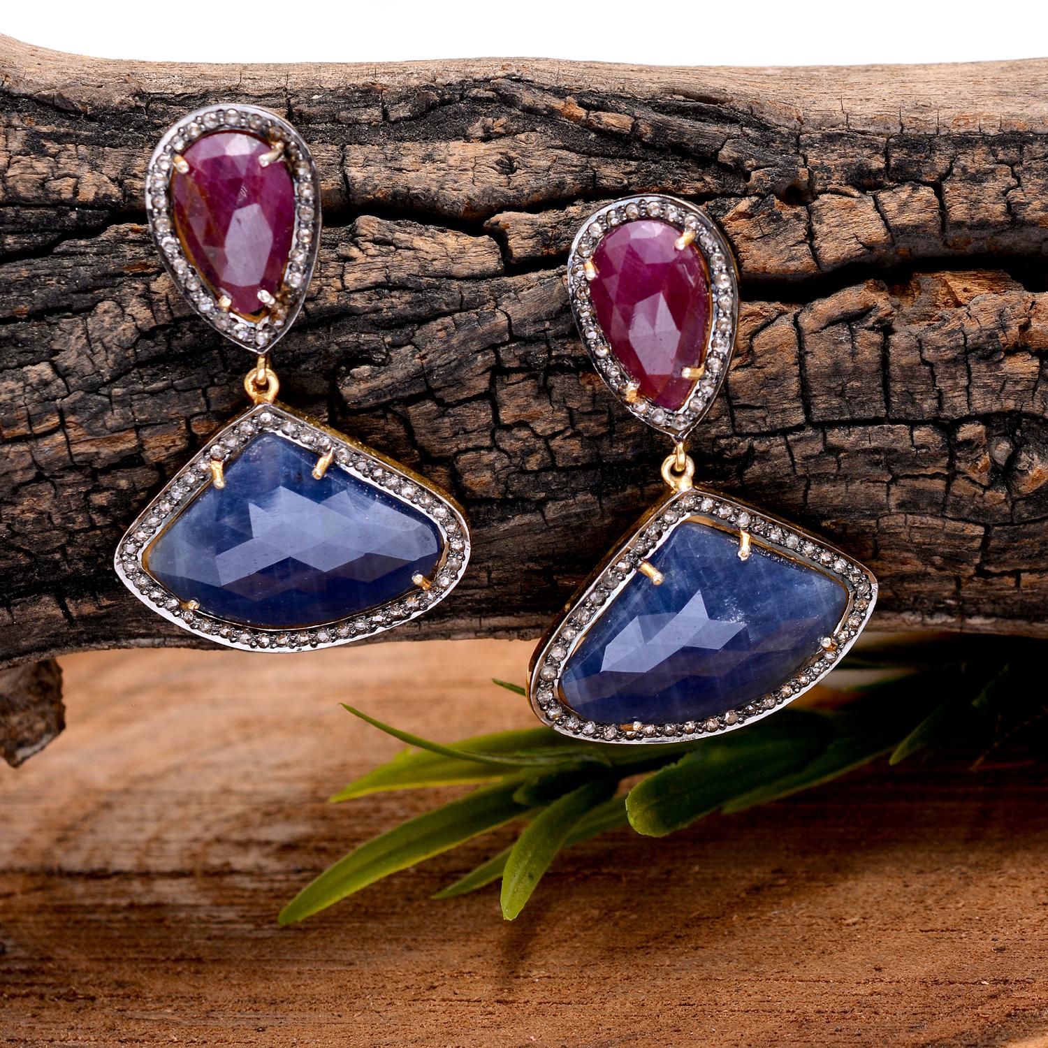 925 Sterling Silver 1.17cts Diamond & Sapphire/Ruby Earring In New Condition In jaipur, IN
