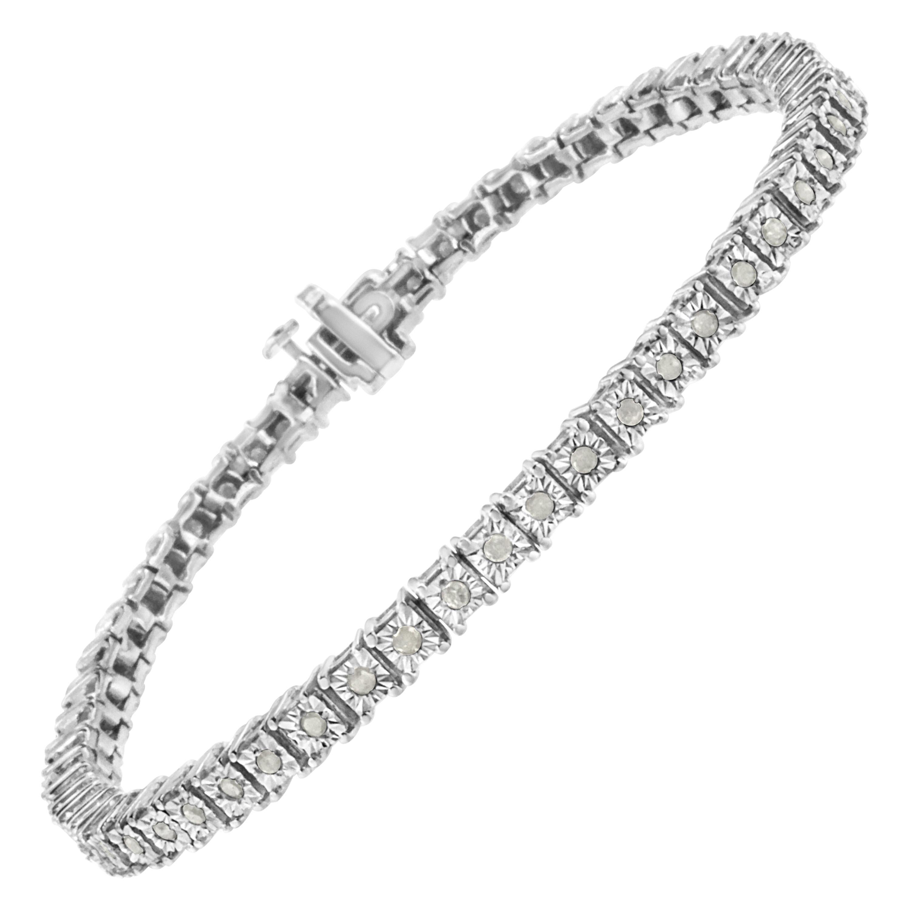 .925 Sterling Silver Diamond Square Frame Miracle-Set Tennis Bracelet For Sale