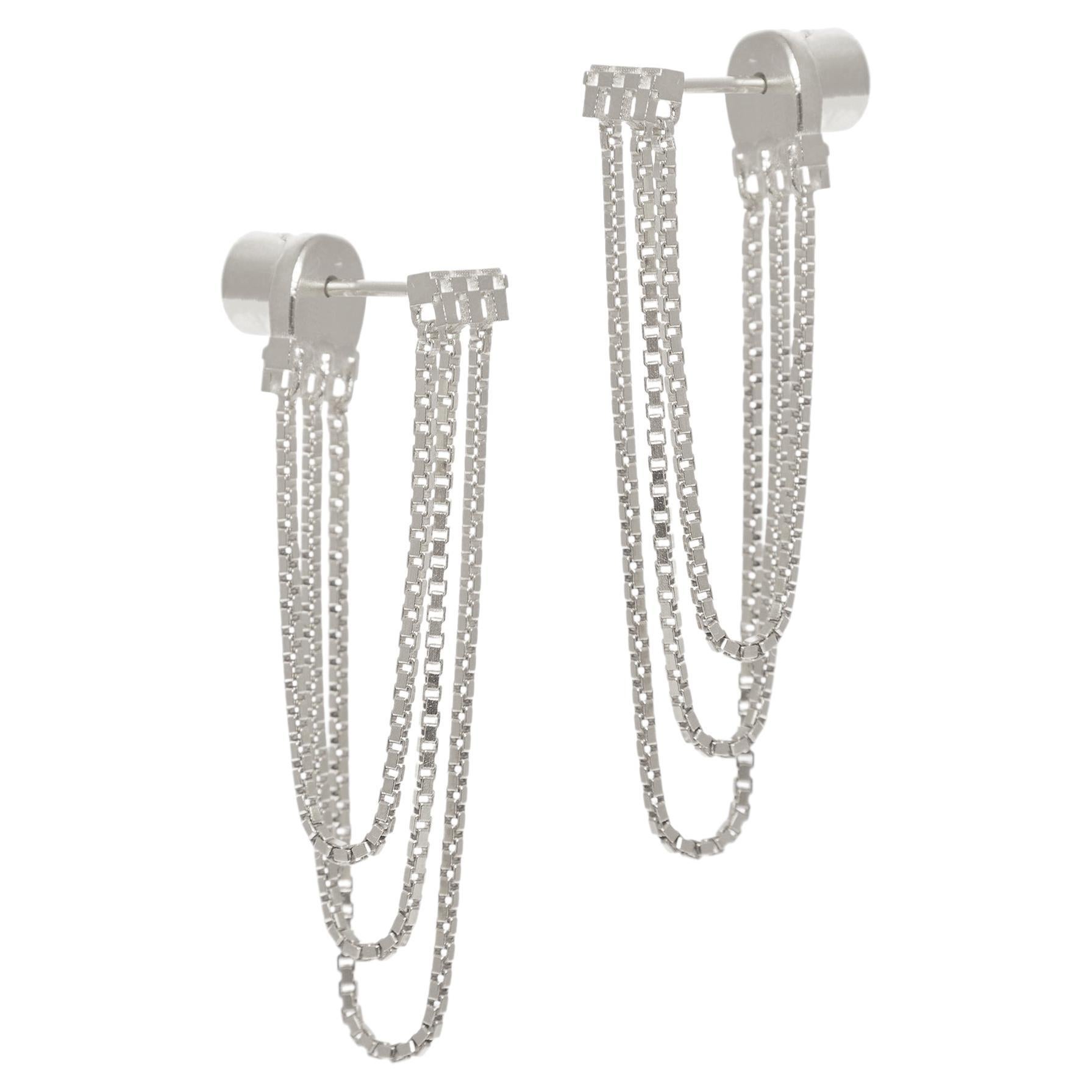 925 Sterling Silver Earrings Box Chain Short Handmade Greek Jewelry For Sale