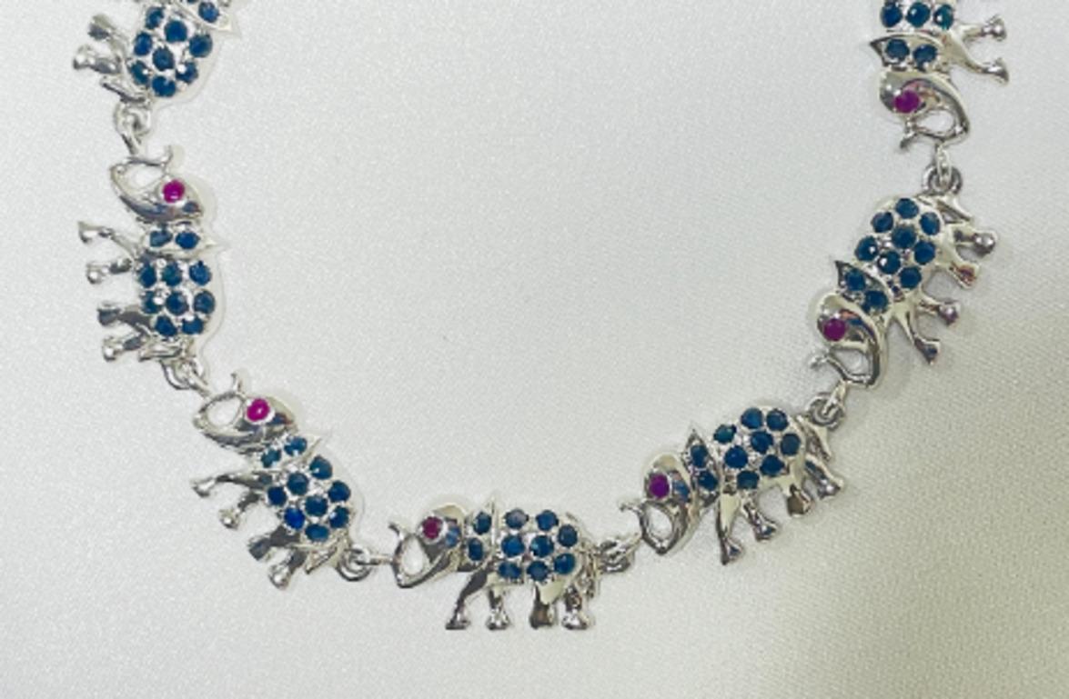 Contemporary 925 Sterling Silver Elephant Bracelet with Sapphire and Ruby Gift for Her For Sale