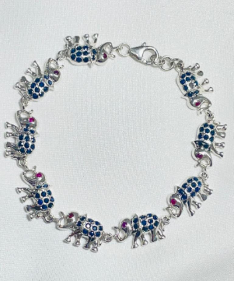 925 Sterling Silver Elephant Bracelet with Sapphire and Ruby Gift for Her In New Condition For Sale In Houston, TX