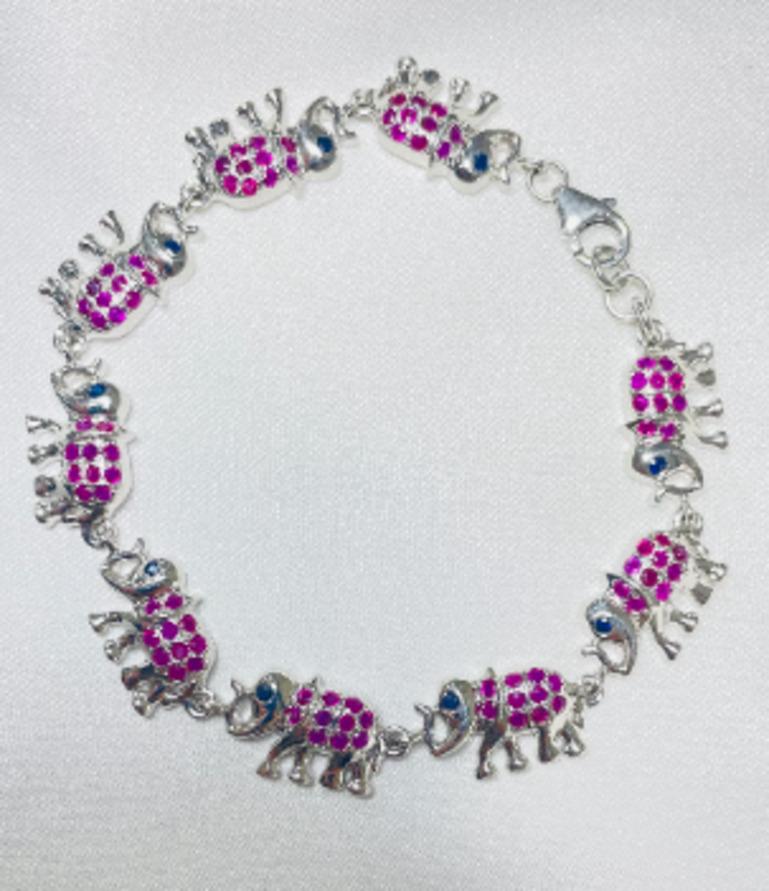 Contemporary 925 Sterling Silver Elephant Charm Bracelet with Ruby and Sapphire for Her For Sale