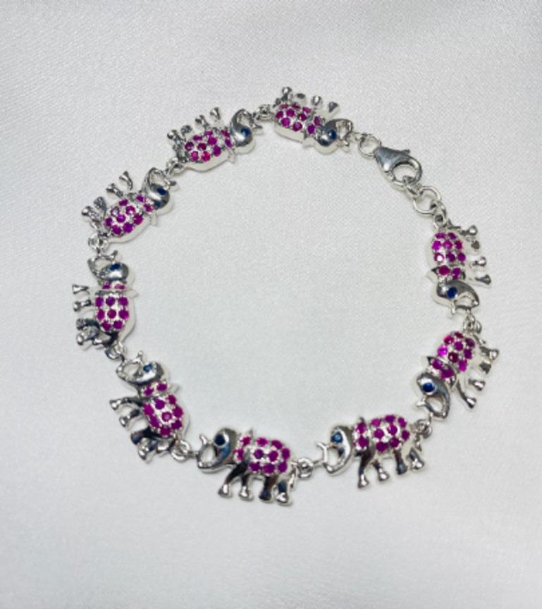 Round Cut 925 Sterling Silver Elephant Charm Bracelet with Ruby and Sapphire for Her For Sale