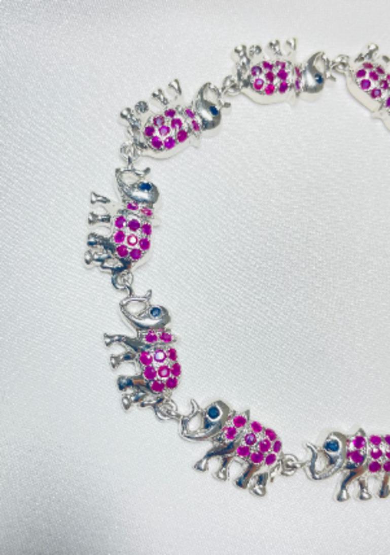 925 Sterling Silver Elephant Charm Bracelet with Ruby and Sapphire for Her In New Condition In Houston, TX
