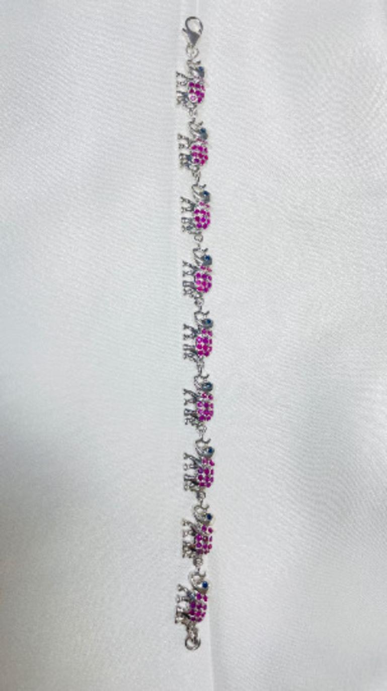 925 Sterling Silver Elephant Charm Bracelet with Ruby and Sapphire for Her For Sale 1