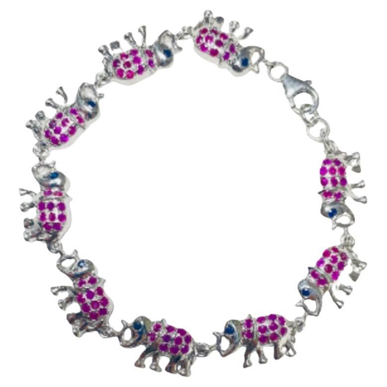 925 Sterling Silver Elephant Charm Bracelet with Ruby and Sapphire for Her