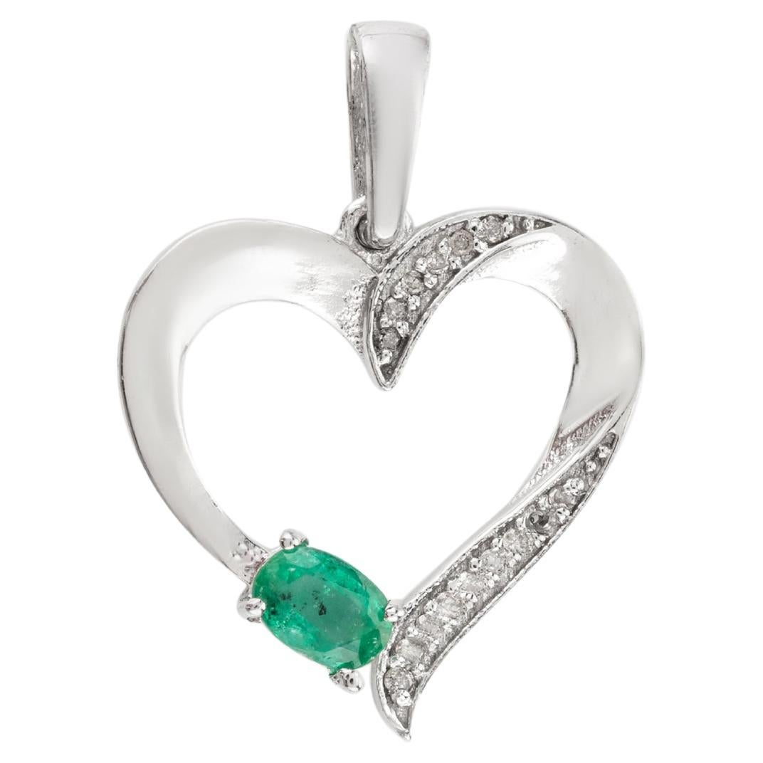 .925 Sterling Silver Emerald and Diamond Accent Heart Pendant Valentine Gift For Sale