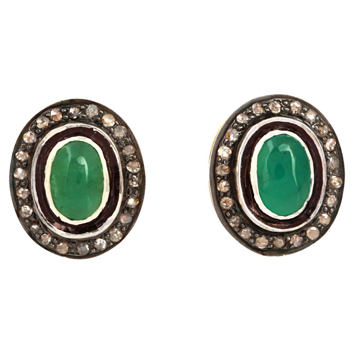 925 Sterling Silver Emerald Stud Earring with Diamonds 0.55 Carat