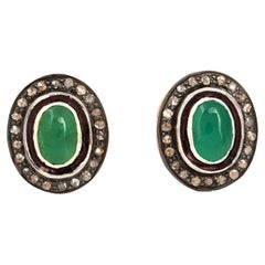 925 Sterling Silver Emerald Stud Earring with Diamonds 0.55 Carat