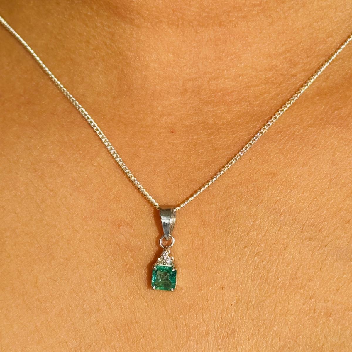 Everyday Emerald and Diamond Pendant for Women in sterling silver studded with octagon cut emerald and round cut diamonds. This stunning piece of jewelry instantly elevates a casual look or dressy outfit.
Emerald brings energy, calmness and