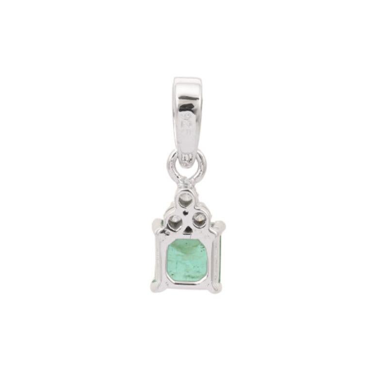 Octagon Cut .925 Sterling Silver Everyday Emerald and Diamond Pendant for Women For Sale