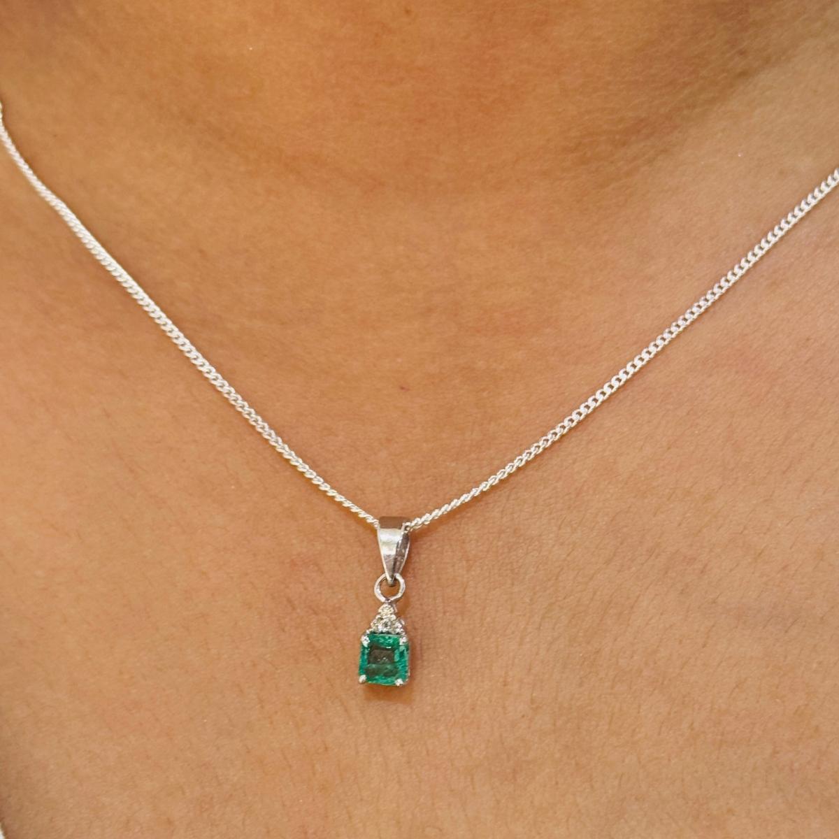 Octagon Cut 925 Sterling Silver Everyday Emerald and Diamond Pendant for Women For Sale
