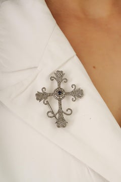 925 Sterling Silver Fleur de Lis Cross Brooch Pendant with Sapphire & Diamond
