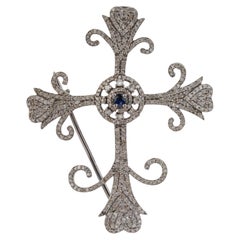 925 Sterling Silver Fleur de Lis Cross Brooch Pendant with Sapphire & Diamond